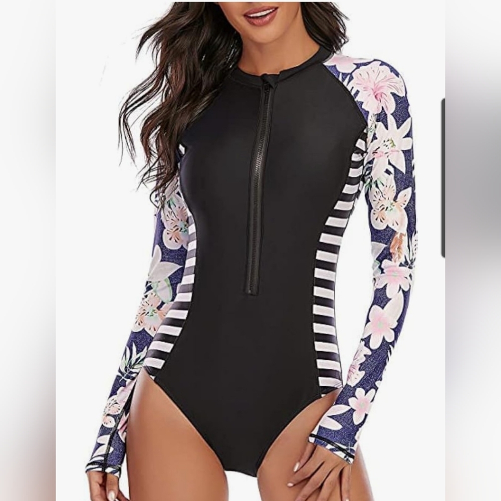 Long Sleeve Front Zip Floral One-Piece Swimsuit - Black